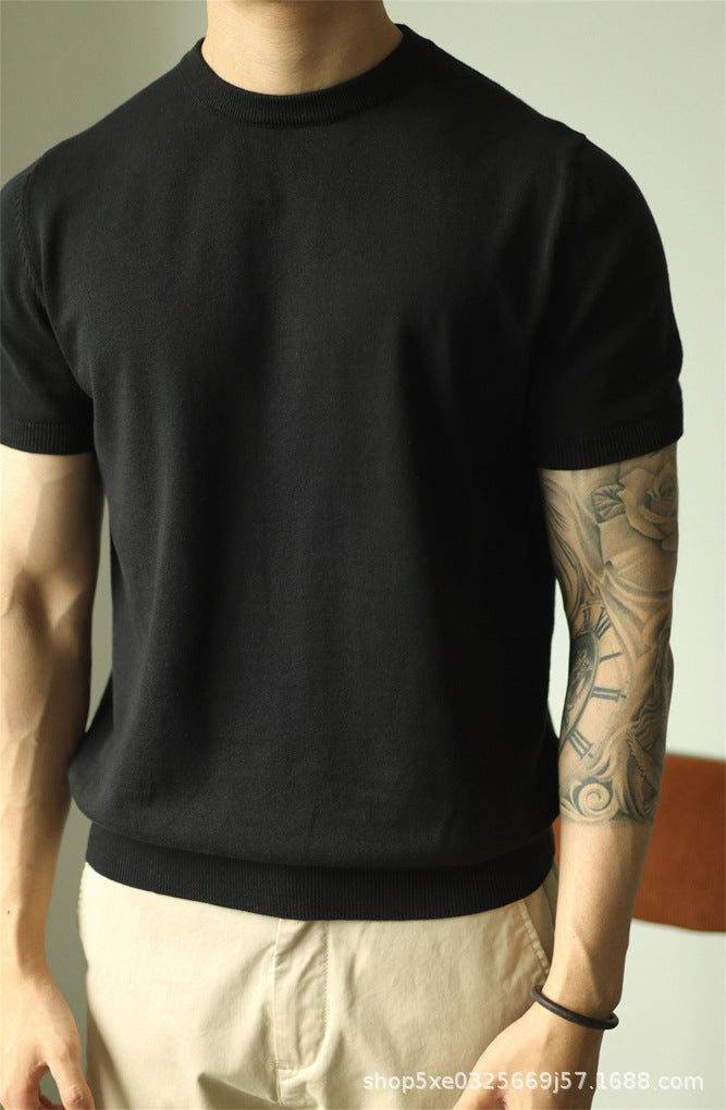 American mercerized cotton ice silk knit sweater, men's small high neck slim short sleeve sweatshirt, cool and breathable, cargo tight-sleeved T-shirt