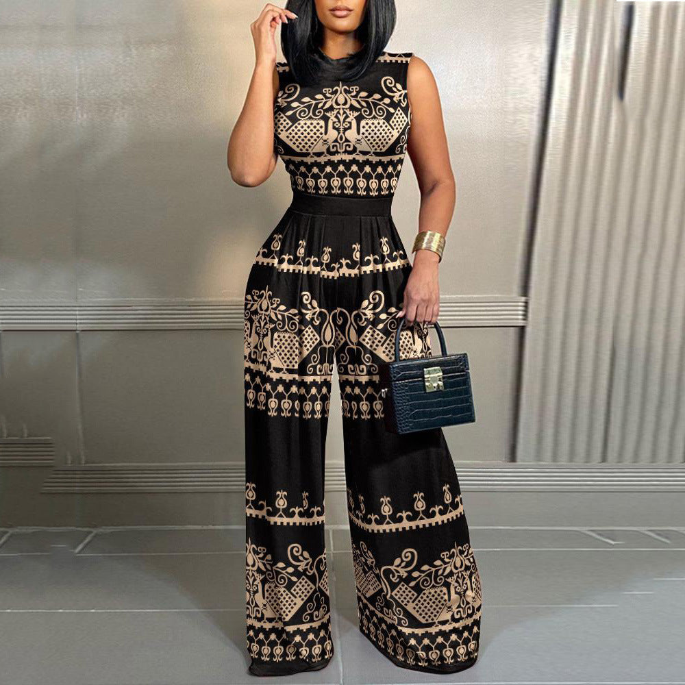 2025 new summer European and American cross-border hot sale casual straight simple jumpsuit slim print sleeveless trousers women's clothing