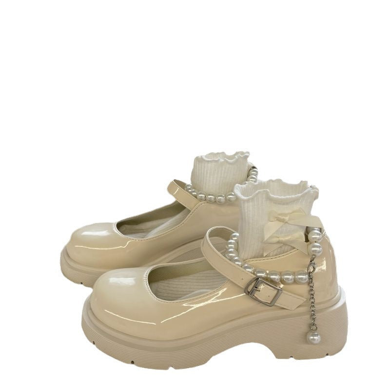 Plus size women's shoes wide feet british style white small leather shoes women's platform soles versatile pearl Mary Jane shoes with skirt jk shoes