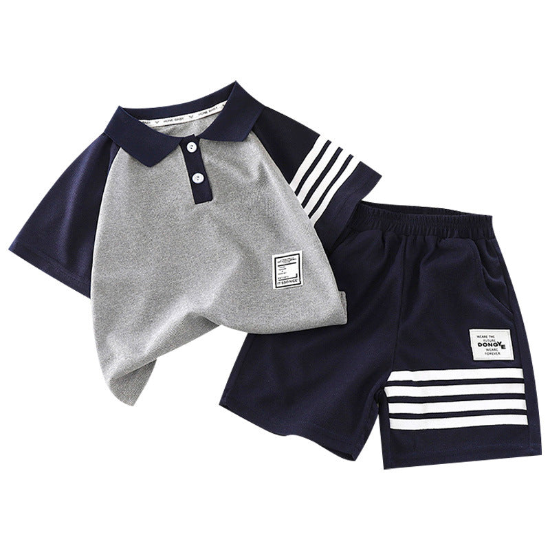 Children's Summer Short Sleeve Shorts Set 2025 New Medium and Large Kids Lapel T-Shirt Big Kids Children's Clothing Two Piece Set Wholesale