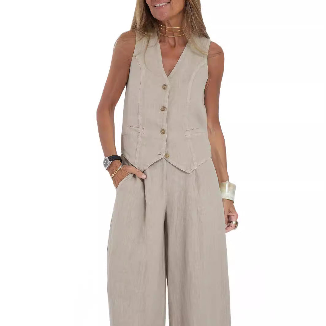 2024 European and American cross-border hot sale new fashion vest trousers, collage stitching, pure sleeveless color temperament casual suit