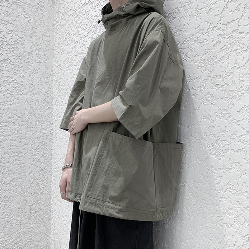 Summer Hooded Short Sleeve T-Shirt Men's Loose Quarter Sleeve Sweatshirt Trendy Trench Coat Type Pullover Medium Sleeve Clothes Summer Dress