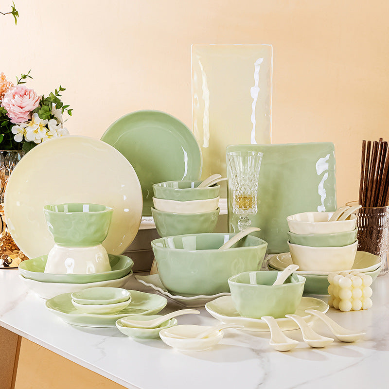 Ceramic Dish Set Household Gifts Wholesale Jingdezhen Cream Wind Bowl Plate Chopsticks Combo Tableware Full Set ins