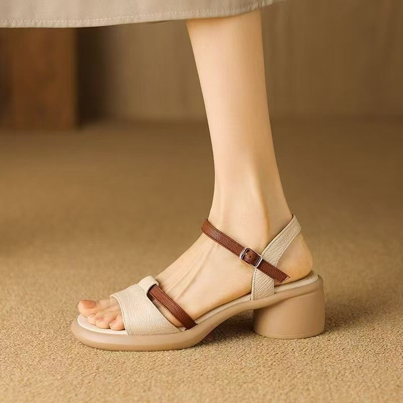Soft leather platform sole strap sandals women's 2025 new summer soft sole thick heels are not tiring to work and wear with skirts