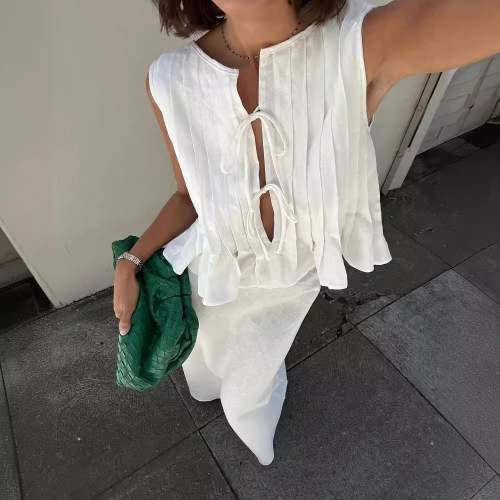 6-color full yard spot European and American cross-border explosive breathable cotton and linen pressed pleated sleeveless strappy blouse high street long skirt
