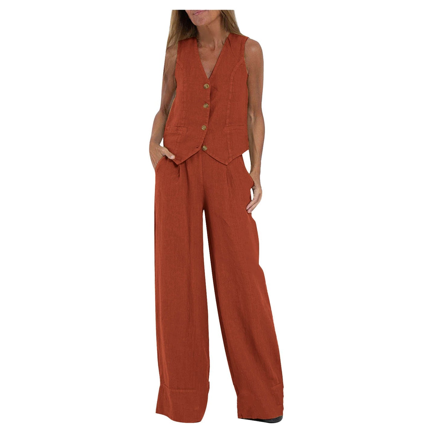 2024 European and American cross-border hot sale new fashion vest trousers, collage stitching, pure sleeveless color temperament casual suit