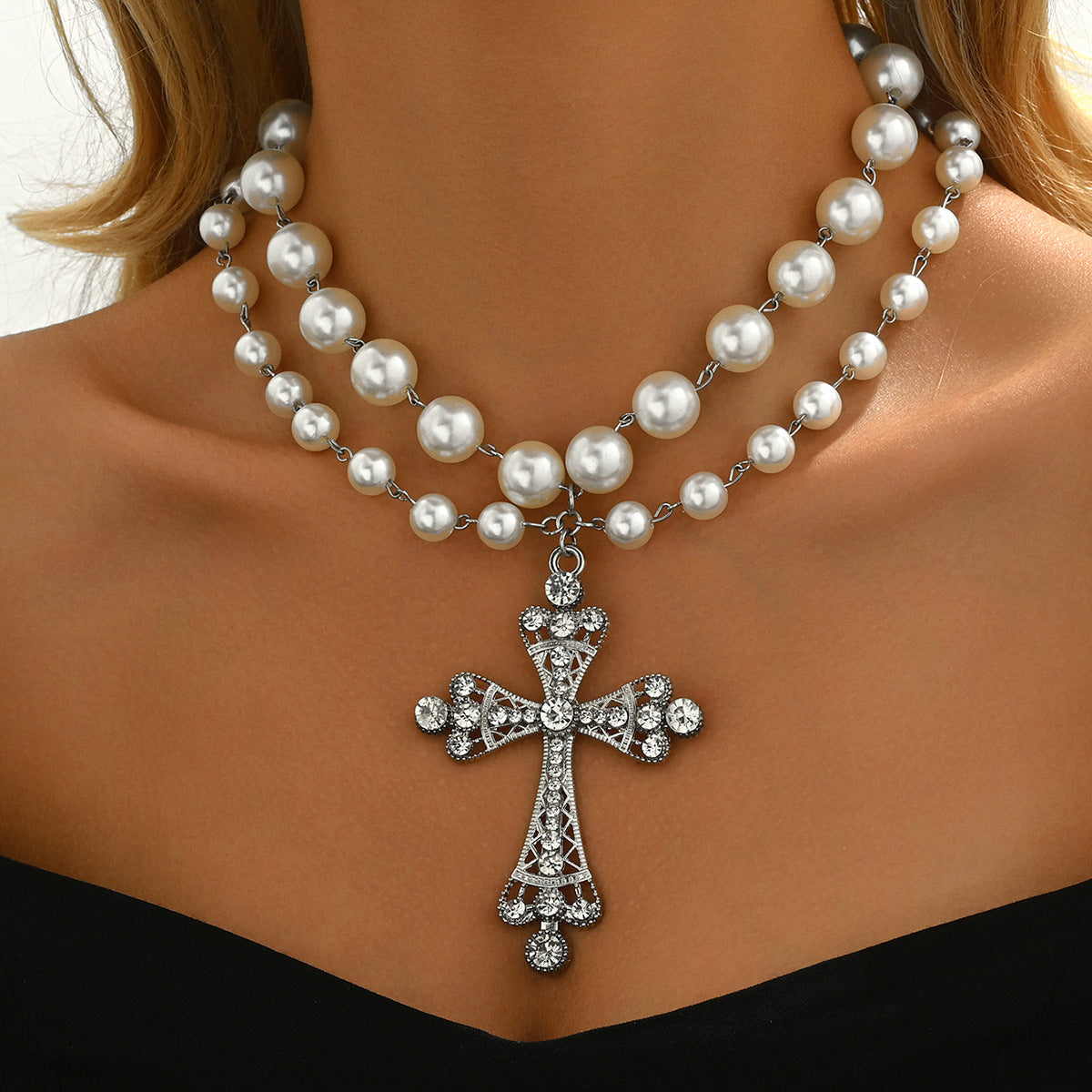 European and American cross-border jewelry fashion multi-layer punk cross necklace ins geometric alloy collarbone chain
