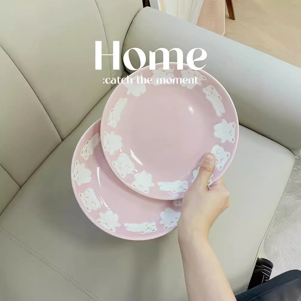 Girl's heart Internet celebrity bear ceramic bowl plate ins Harajuku style cute relief dinner plate home breakfast plate dessert plate