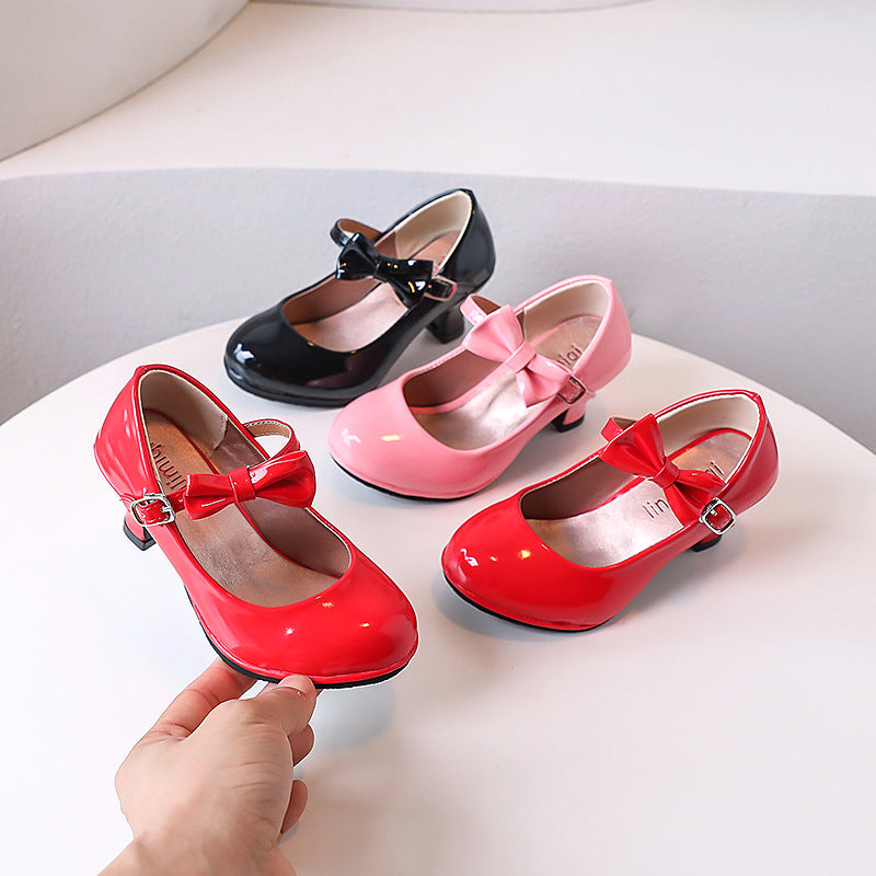 Girls' small leather shoes, children's high heels, spring 2025 new little girls' princess shoes, foreign bows, middle and big children