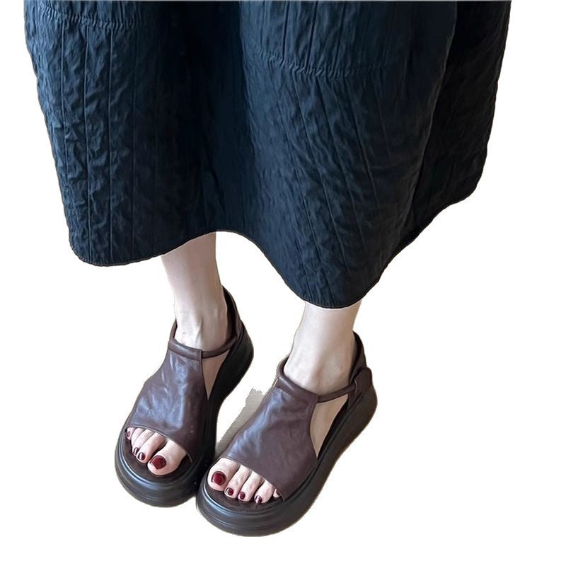Sheepskin version ~ retro casual platform open toe sandals women's summer new versatile soft sole heightened beach Roman shoes