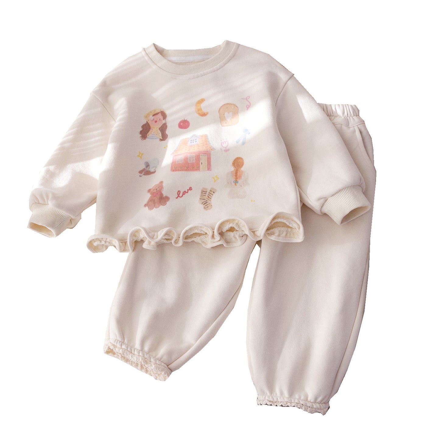 Girls' set 2025 new spring style lace cartoon sweatshirt fashionable trousers baby girl Korean version two-piece set