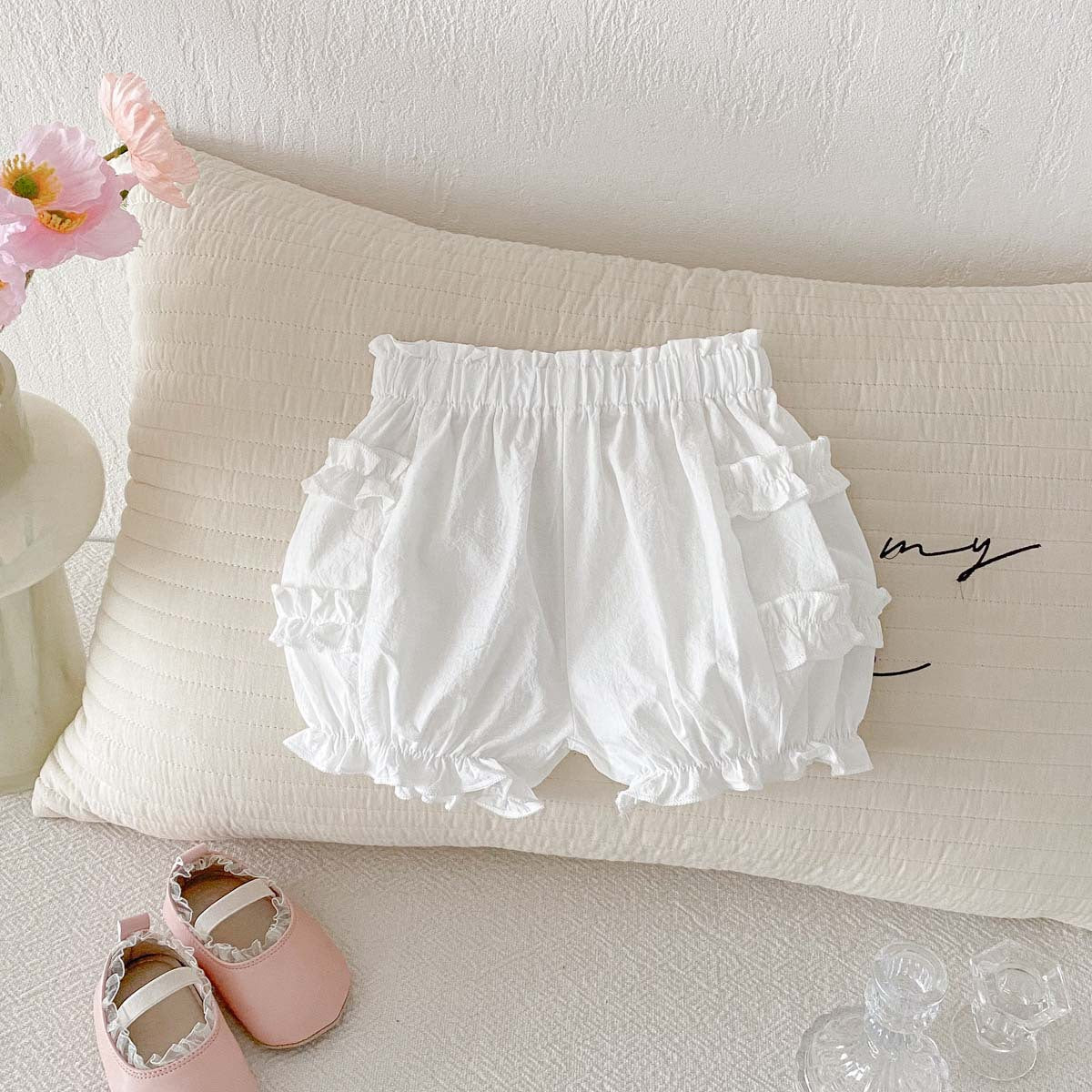 Baby summer thin cotton bud pants shorts, baby girls solid color fungus edge, sweet casual pants are versatile