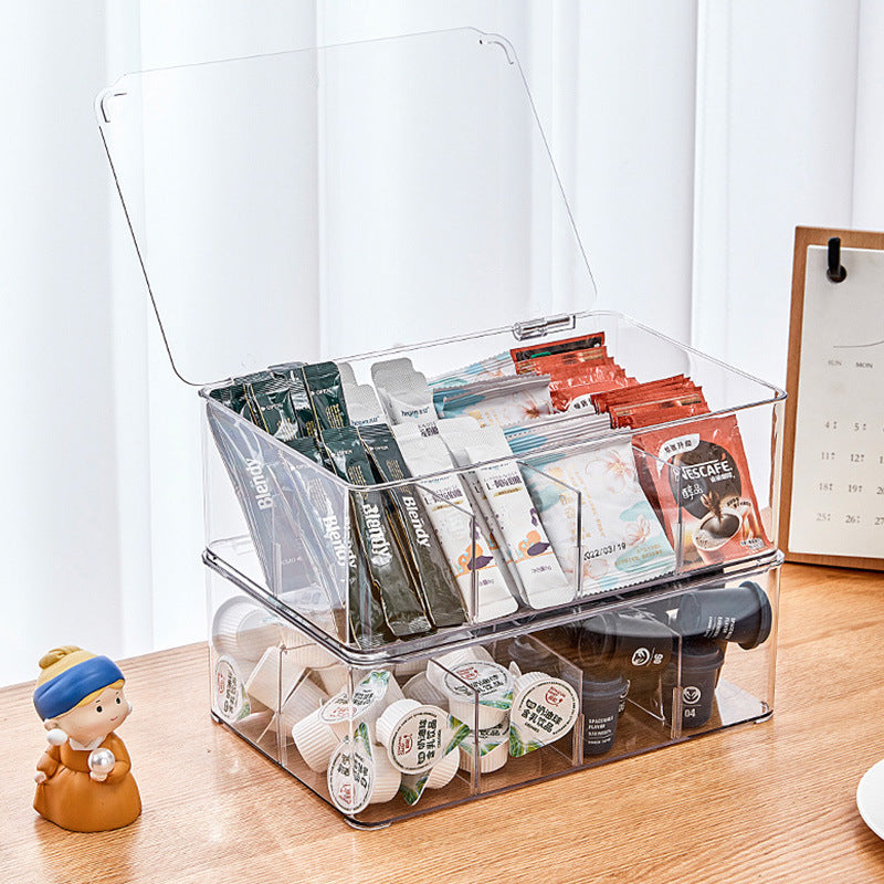 Desktop storage box, compartment coffee tea bags, storage box, detachable dustproof office goodies storage box with lid
