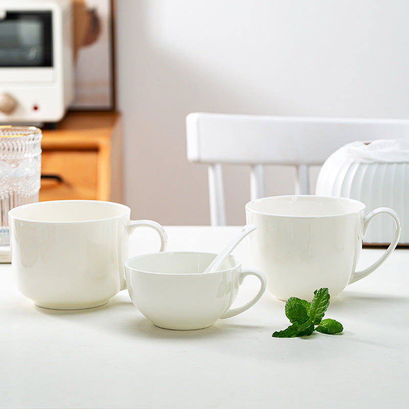 Breakfast cups can be microwaved Jingdezhen white bone china breakfast bowl with handle cereal bowl bowl for one person tableware bowl spoon set