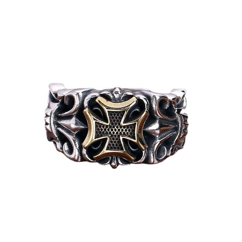 Retro Thai Silver S925 Silver Cross Men's Ring Men's Open Mouth Personality Fashion Domineering Trend Adjustable