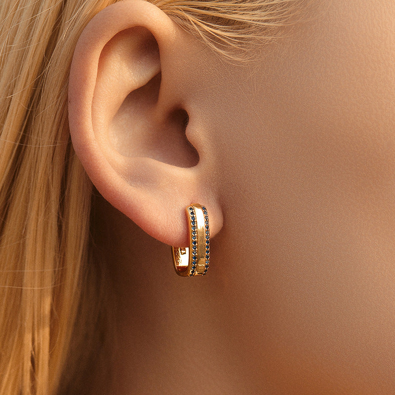 Color-preserving geometric square minimalist cool wind earrings inlaid with zircon light luxury business commuter fashion OL earrings are real gold plated