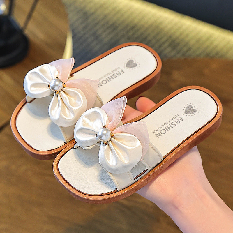 Girls' slippers, pearl bows, versatile, summer new non-slip indoor and outdoor princesses, children's soft-soled beach sandals