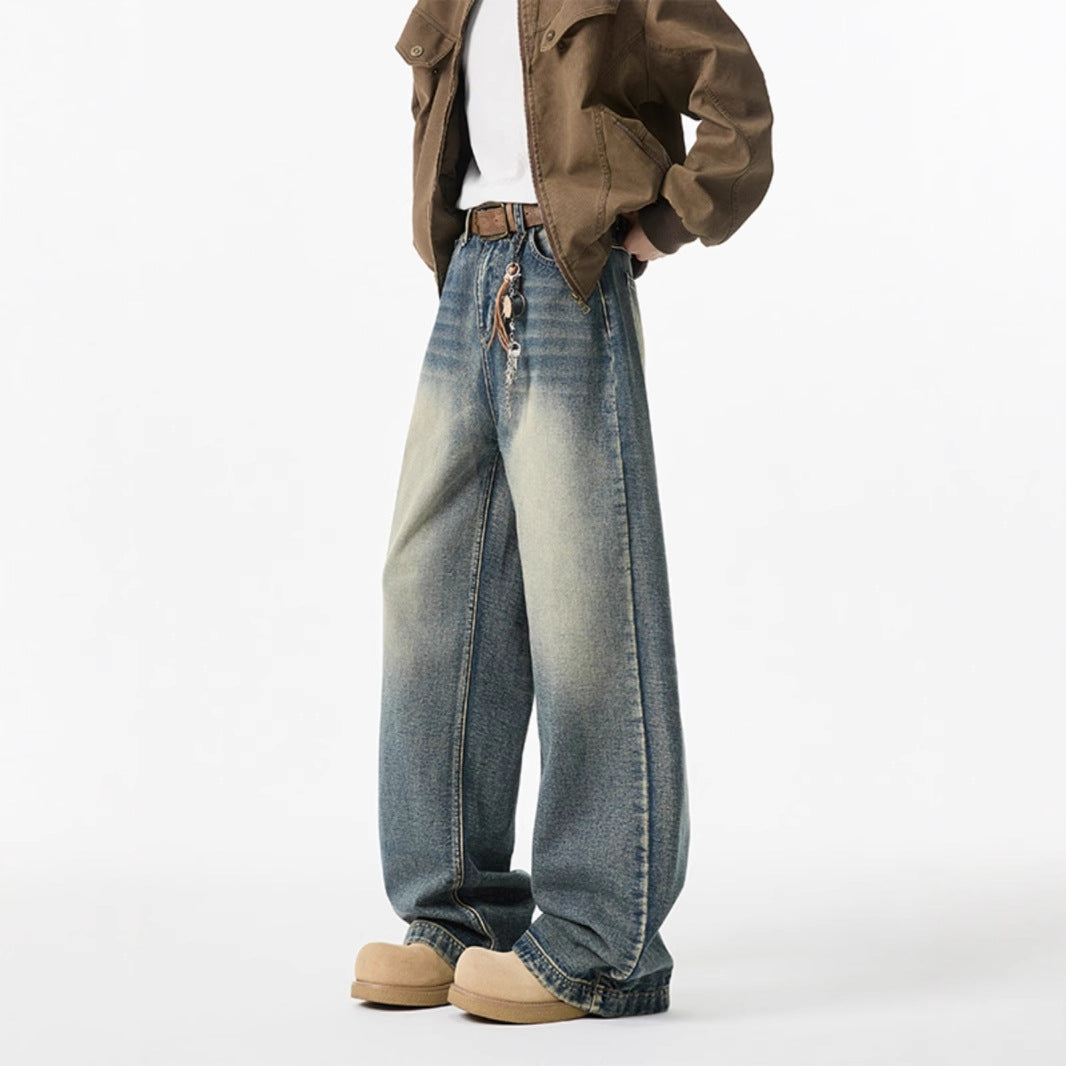 American cleanfit wide-leg jeans, men's spring and autumn straight-leg loose trousers, handsome, high-quality men's pants, tide