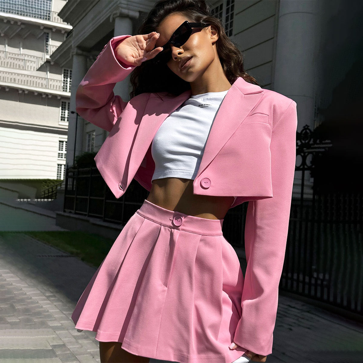 Cross-border suit skirt suit Europe and the United States 2025 spring summer Y2K shoulder lapel small suit + miniskirt suit suit