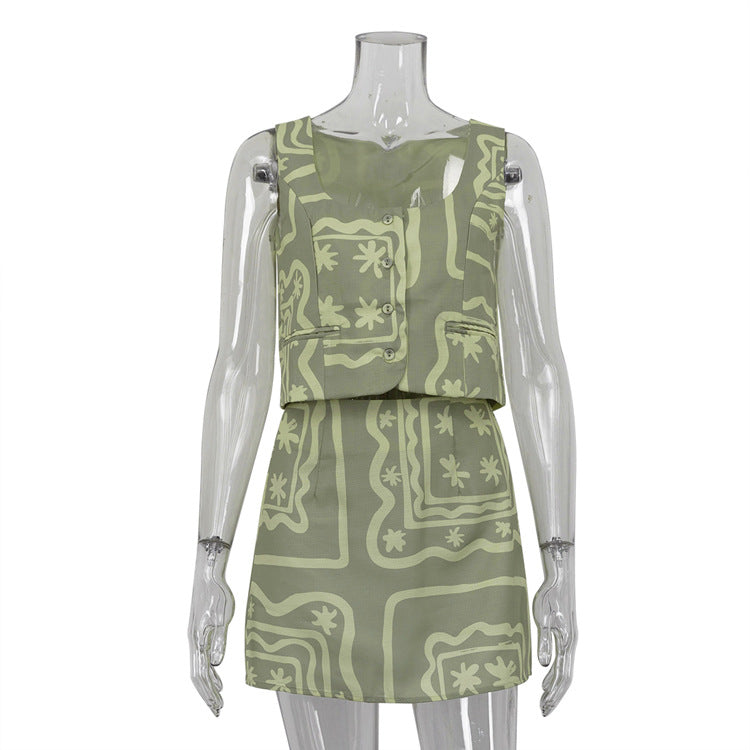 2024 new vest vest print set women's summer two-piece short skirt simple casual European and American foreign trade women's clothing