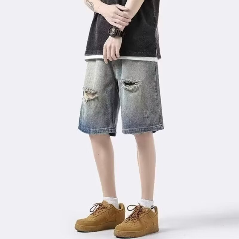 Ripped denim shorts, men's summer thin American high street fashion brand wear straight pants, handsome casual five-point pants