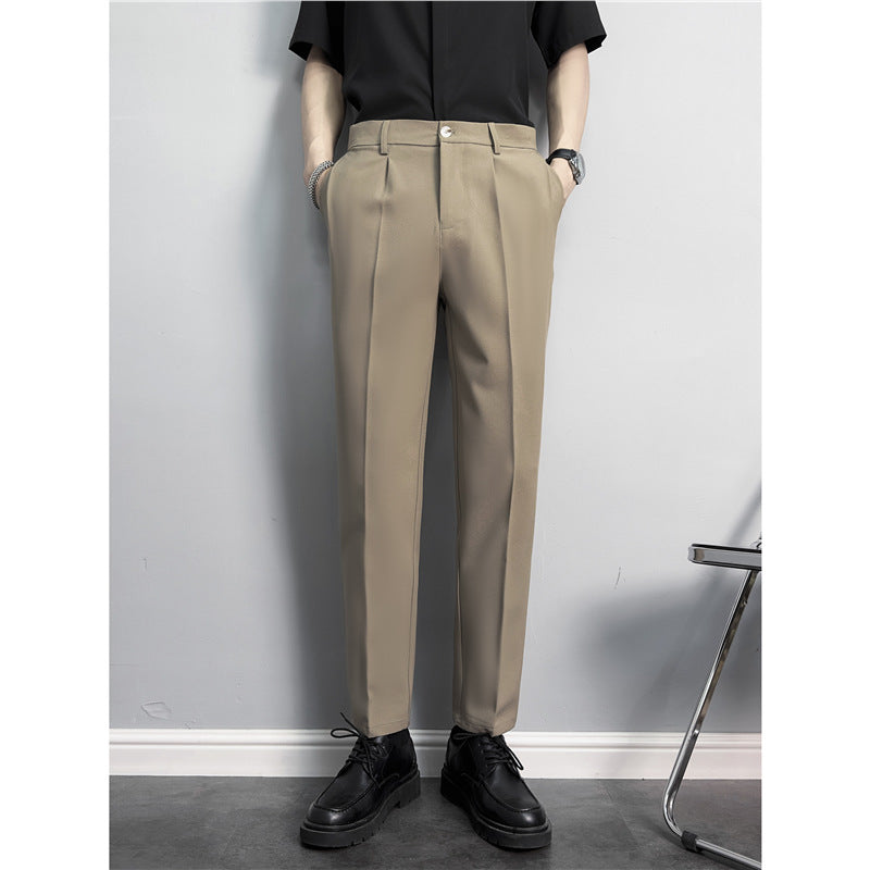 Slim fit, straight, anti-wrinkle suit trousers, men's non-iron, business casual pants, high-end drape, black cropped trousers