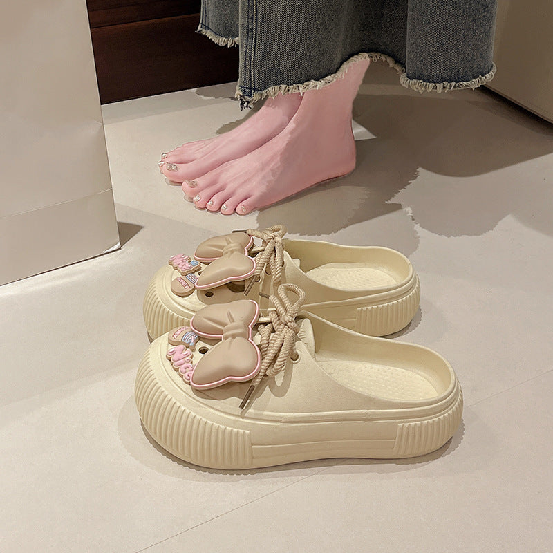 Cute bow lace hole shoes female summer students wear heightened thick-soled toe non-slip sandals indoors and outdoors