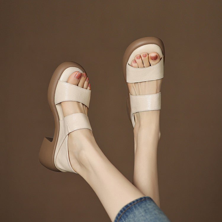 Soft leather version ~ 6cm ultra-soft leather soft sole with fish mouth sandals for women wearing block heels and high heels Roman shoes in summer