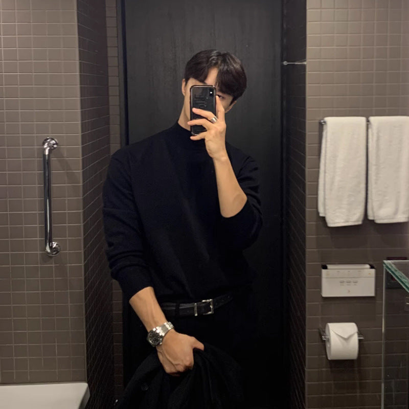 De velvet semi-high neck base shirt men's autumn with coat suit with fleece mature and stable men's long-sleeved t-shirt