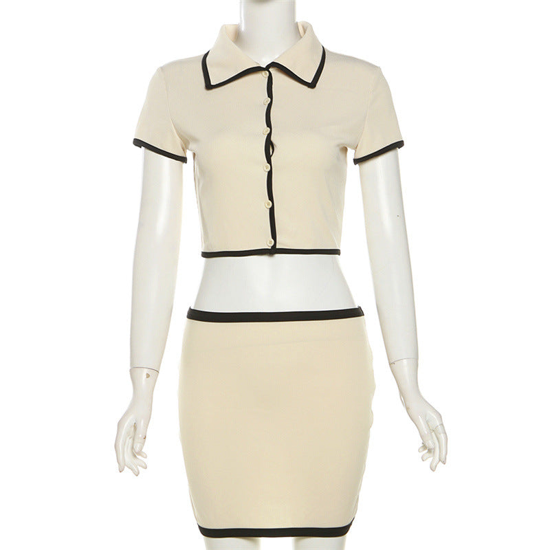 INS cross-border European and American style 2024 spring and summer women's new short sleeve cardigan lapel sexy hip skirt pullover skirt