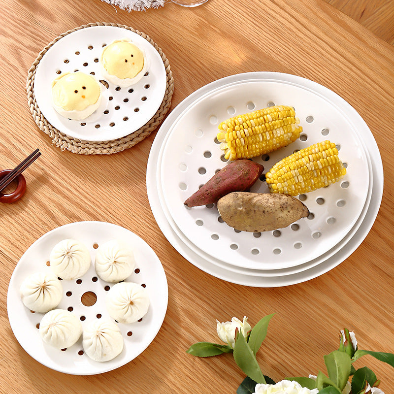 Ceramic dumpling plate, porous steaming plate, draining plate, round fruit plate, steamed seafood and fish plate, steamed slices, round steaming grid