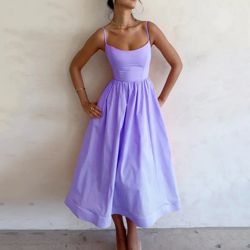 2024 European and American women's foreign trade spring and summer new products solid color sexy U-neck cinched waist pleated suspender large swing dress
