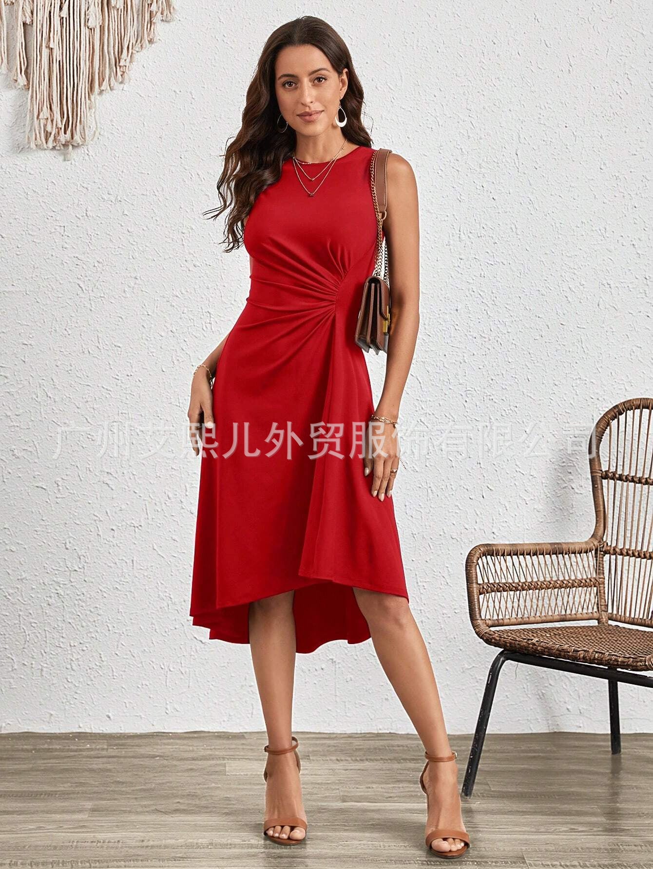 2025 Summer European and American Amazon Cross-border Women's Summer New Fashion Sleeveless Solid Color A-line Crushed Medium Dress