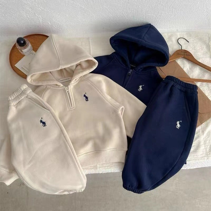 Boys and girls children's set 23 winter new men's and girls' half-zipper velvet hooded sweatshirt baby sweatpants two-piece set