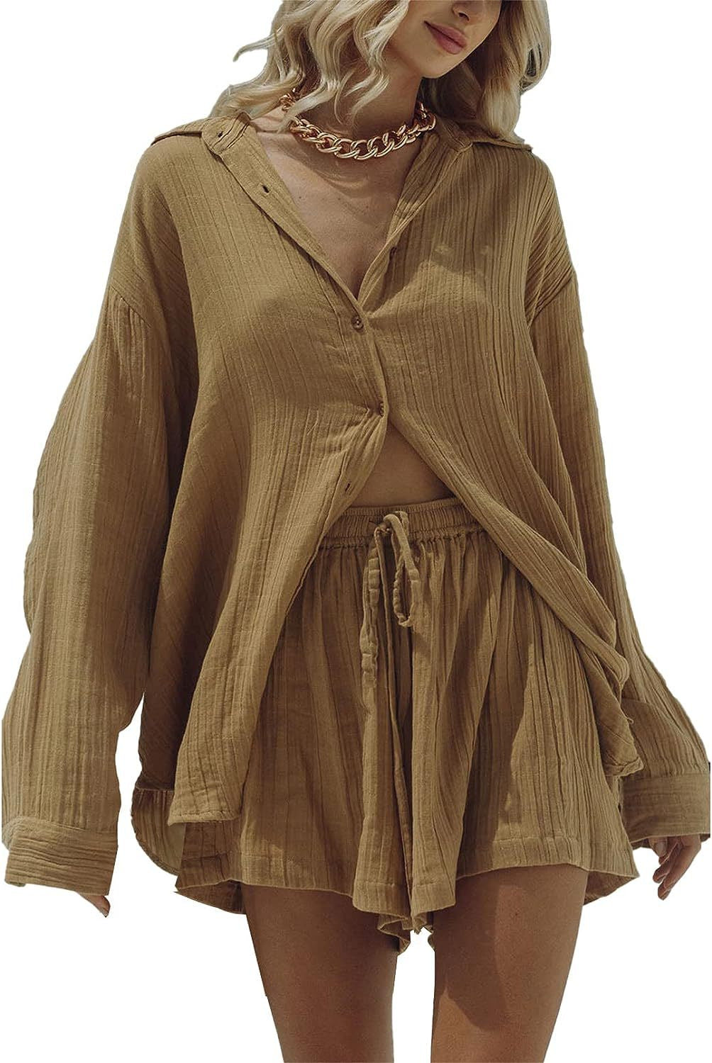European and American women's casual two-piece set for summer 2023 new long-sleeved shirt, top and shorts tracksuit set