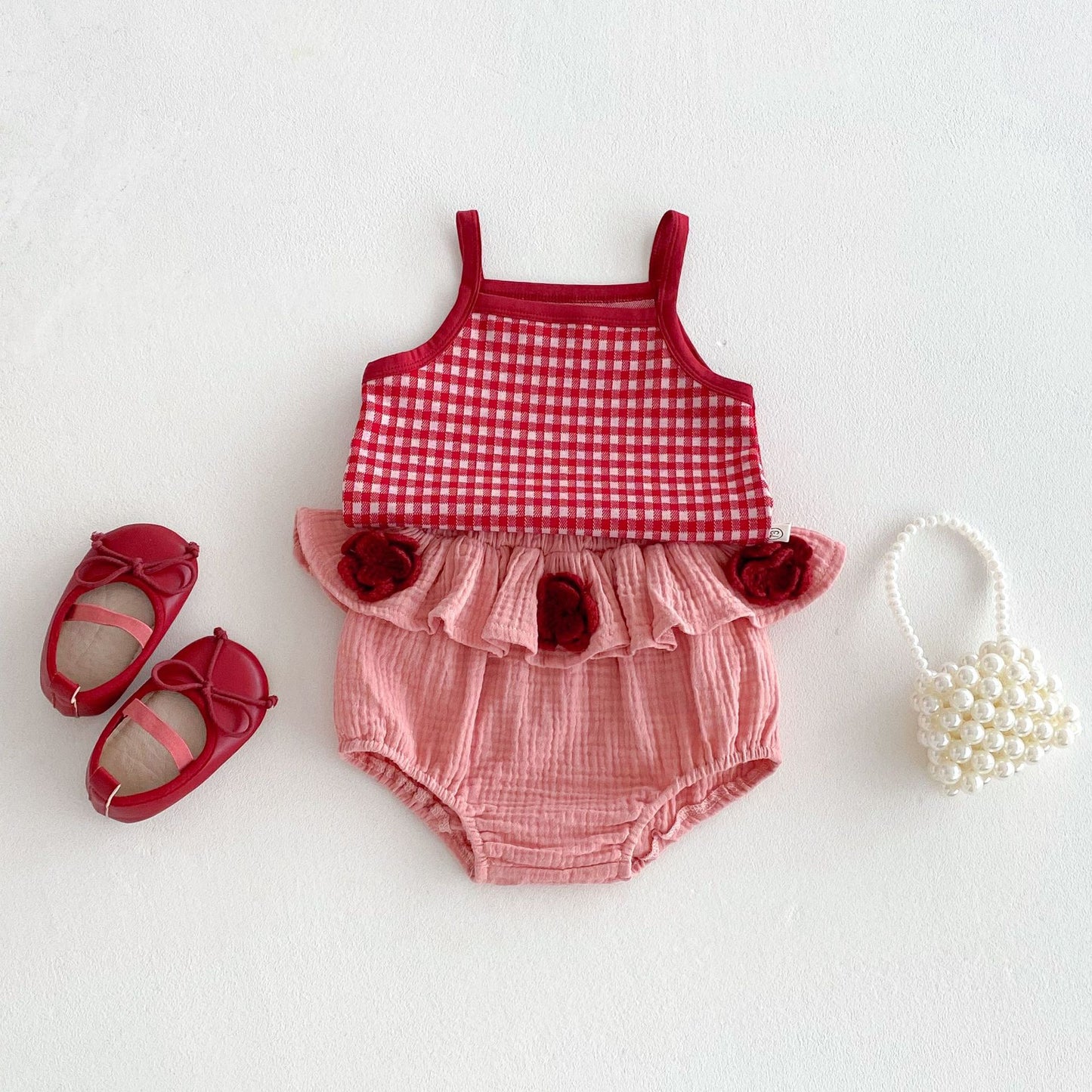 25 baby new girl cute summer super cute sleeveless suspender plaid flower fart skirt baby playful suit