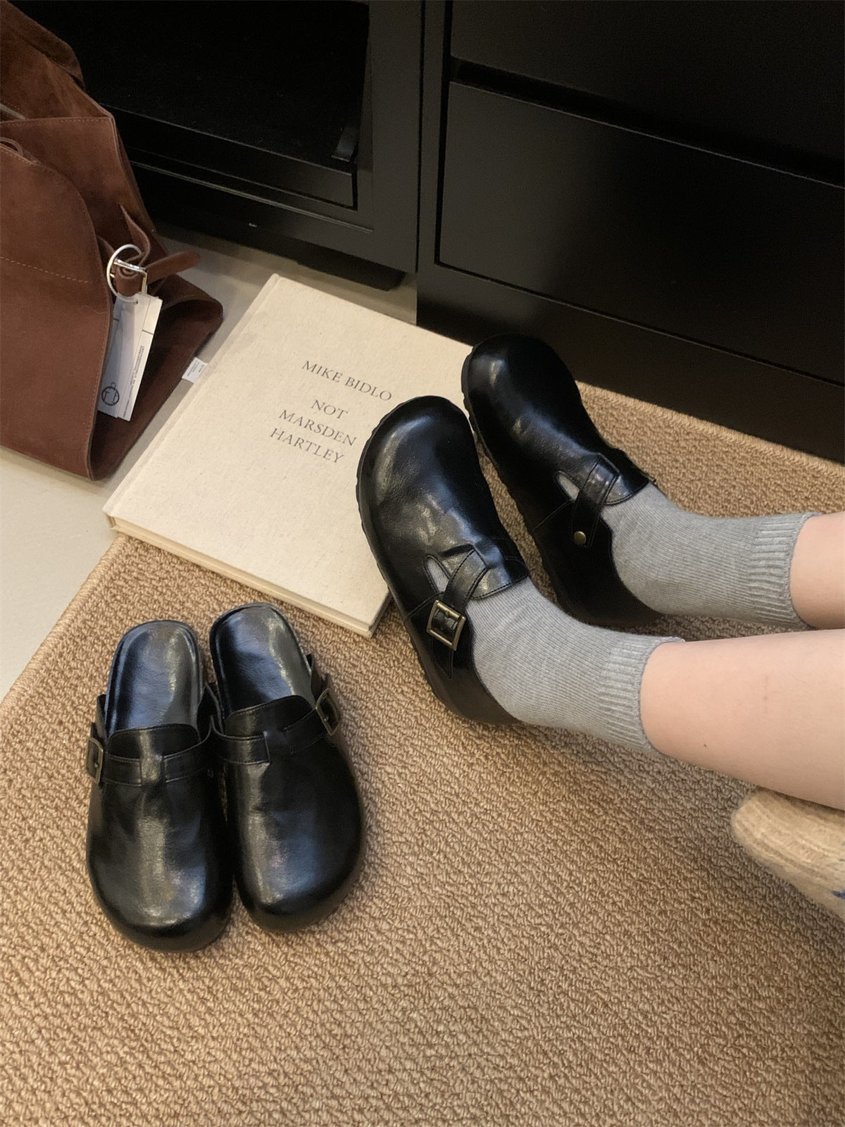 Thick-soled BirkenstocksWomen's ShoesWrap-toe-Semi-SlippersWear Fall/Winter 2024 Black Small Leather ShoesBoken Shoes