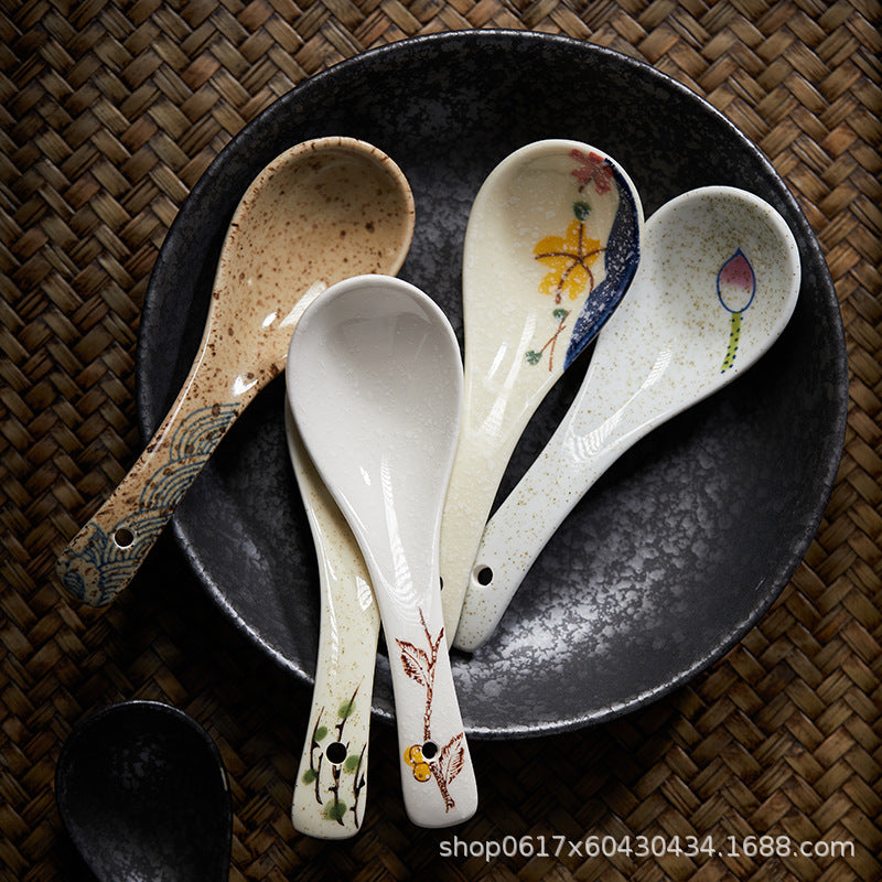 Japanese small soup spoon, Japanese style tableware, small soup, retro spoon, long handle soup, rice spoon, ceramic large spoon, household spoon