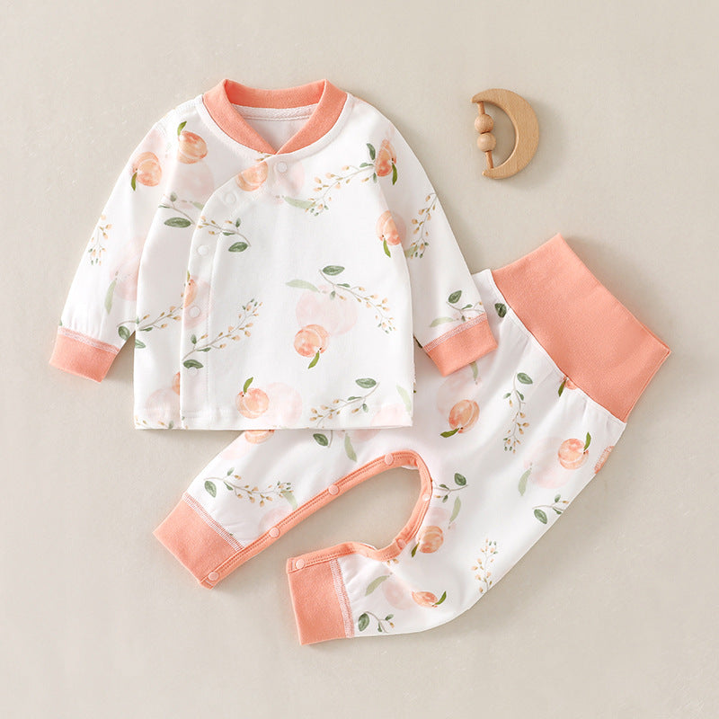 Infant high-waisted suit spring and autumn belly protection two-piece pajamas baby loungewear Class A cotton bottom layer