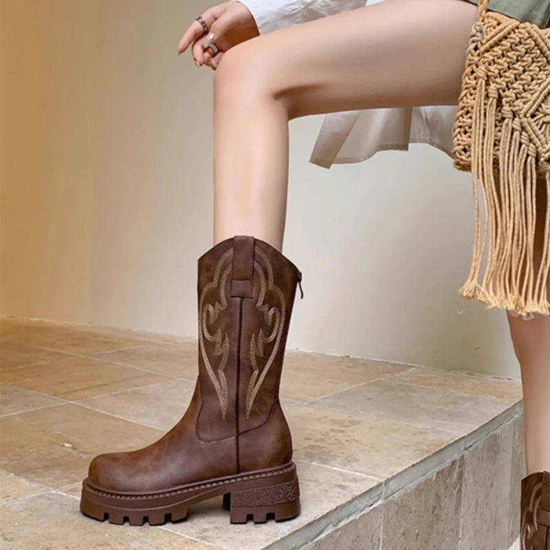 Retro soft leather platform soled versatile western cowboy boots small man kawanishi travel boots autumn and winter women's martin boots