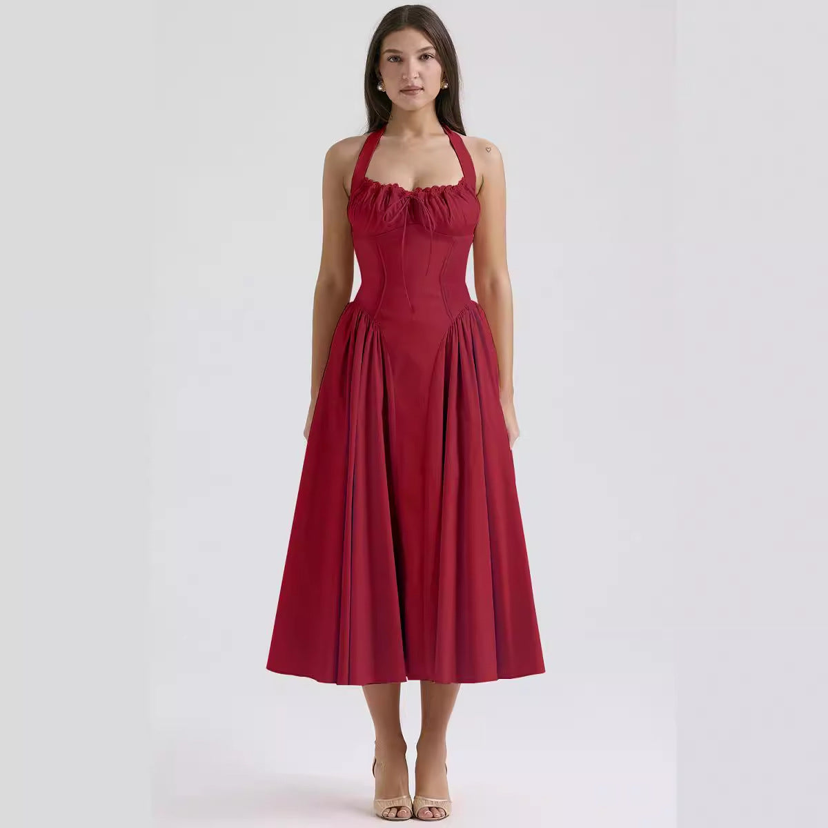2025 New Summer Slim Slip Long Skirt European and American style fashion print halterneck lace dress