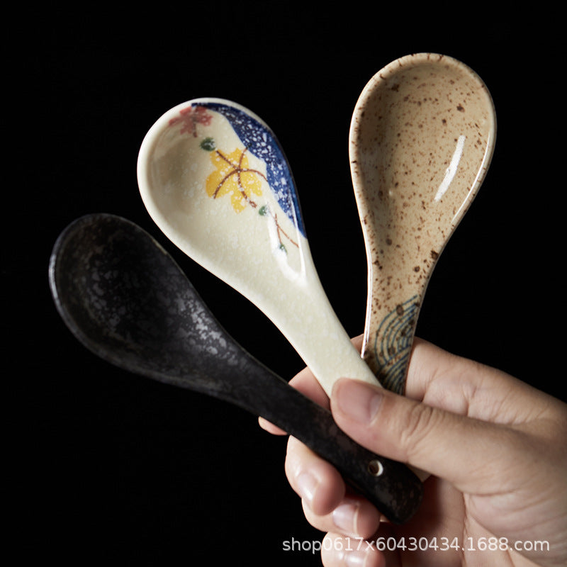 Japanese small soup spoon, Japanese style tableware, small soup, retro spoon, long handle soup, rice spoon, ceramic large spoon, household spoon