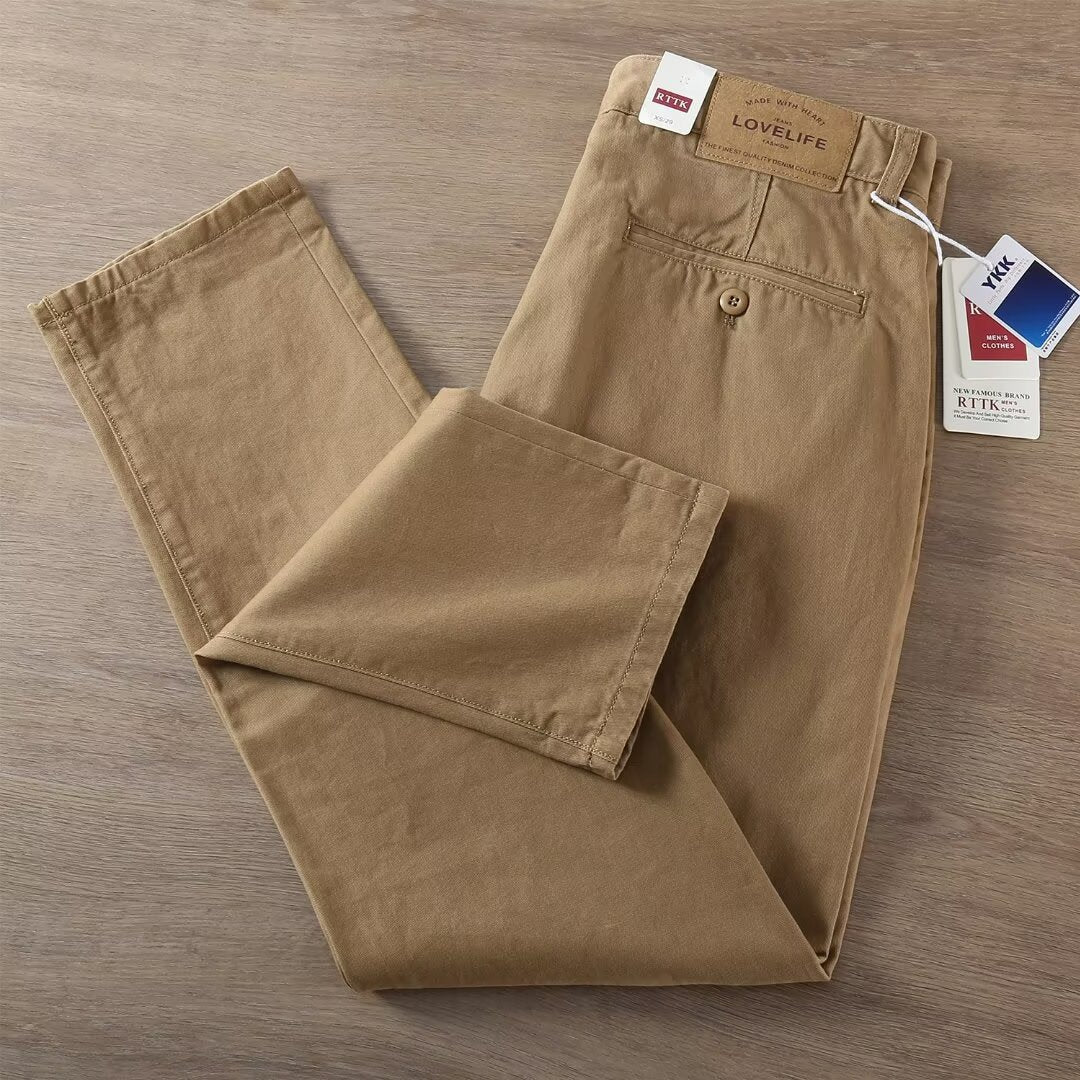 Thick heavy casual trousers men's spring and autumn cotton slim small straight pants American stiff wash men's pants tide