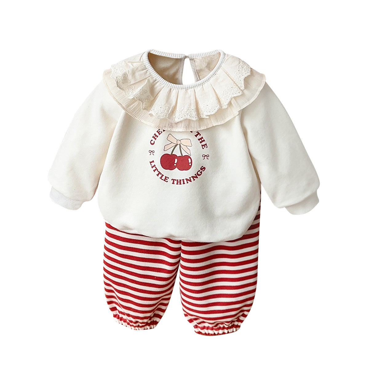 Autumn 2025 New Children's Clothing Infant Lace Collar Sweatshirt Striped Sweatpants Two-Piece Baby Girl Sweet Suit