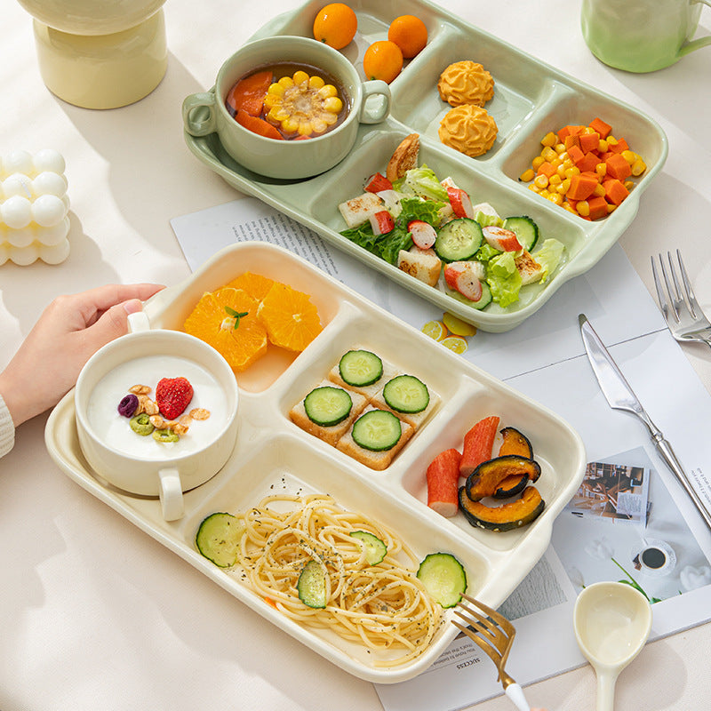 High-value simple cream-style breakfast plate creative light luxury fat reduction color glaze ceramic ceramic tableware compartment dinner plate