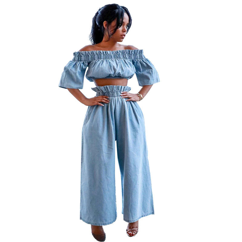 Spot Amazon new one-shoulder crop top European and American ruffles short sleeve wide-legged solid color denim suit women