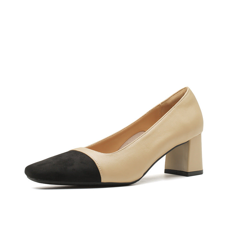 Sheepskin color-blocking small fragrance style thick heel single shoes women's medium heel pumps French high heels plus size women's shoes 41 to 43