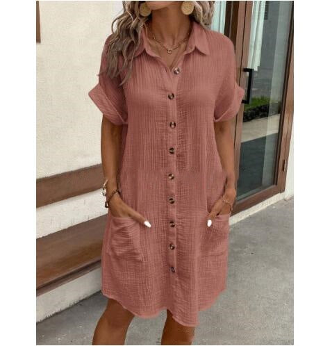 2025 AliExpress wish Amazon hot summer simple V-neck button cotton and linen dress women's shirt dress