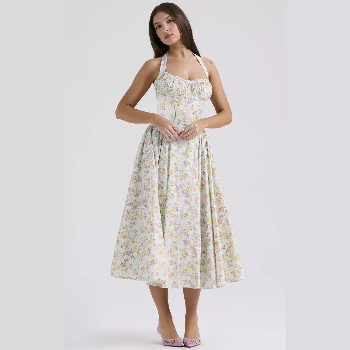 2025 New Summer Slim Slip Long Skirt European and American style fashion print halterneck lace dress