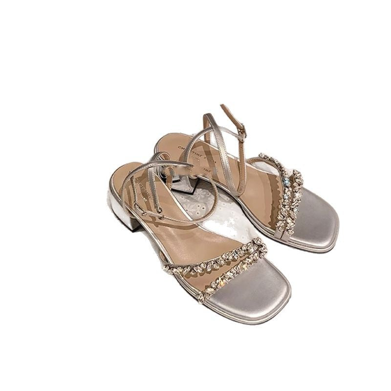 Su Yinyin rock sugar fairy ~ summer new one-line strap sandals French rhinestone open-toe block high heeled sandals women